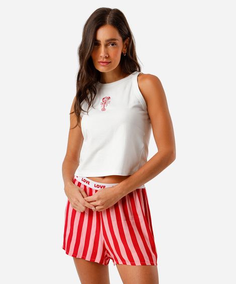 pijama short doll feminino bordado listrado lagosta vermelho