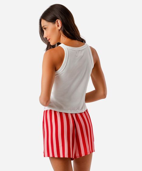pijama short doll feminino bordado listrado lagosta vermelho