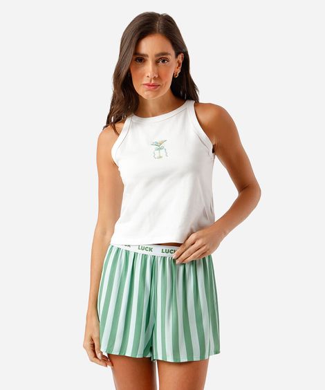 pijama short doll feminino com bordado listrado e bolsinha verde