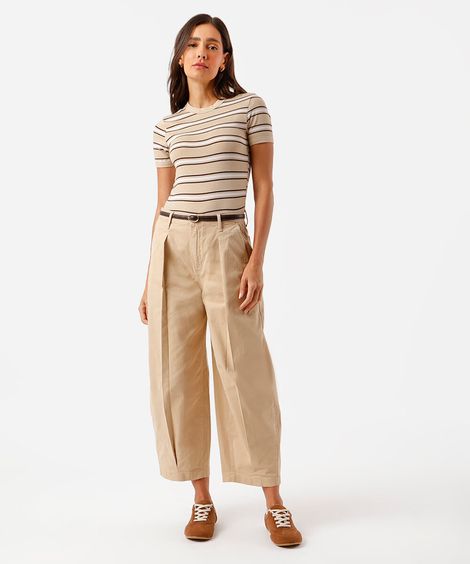 calça feminina sarja baggy pregas bege