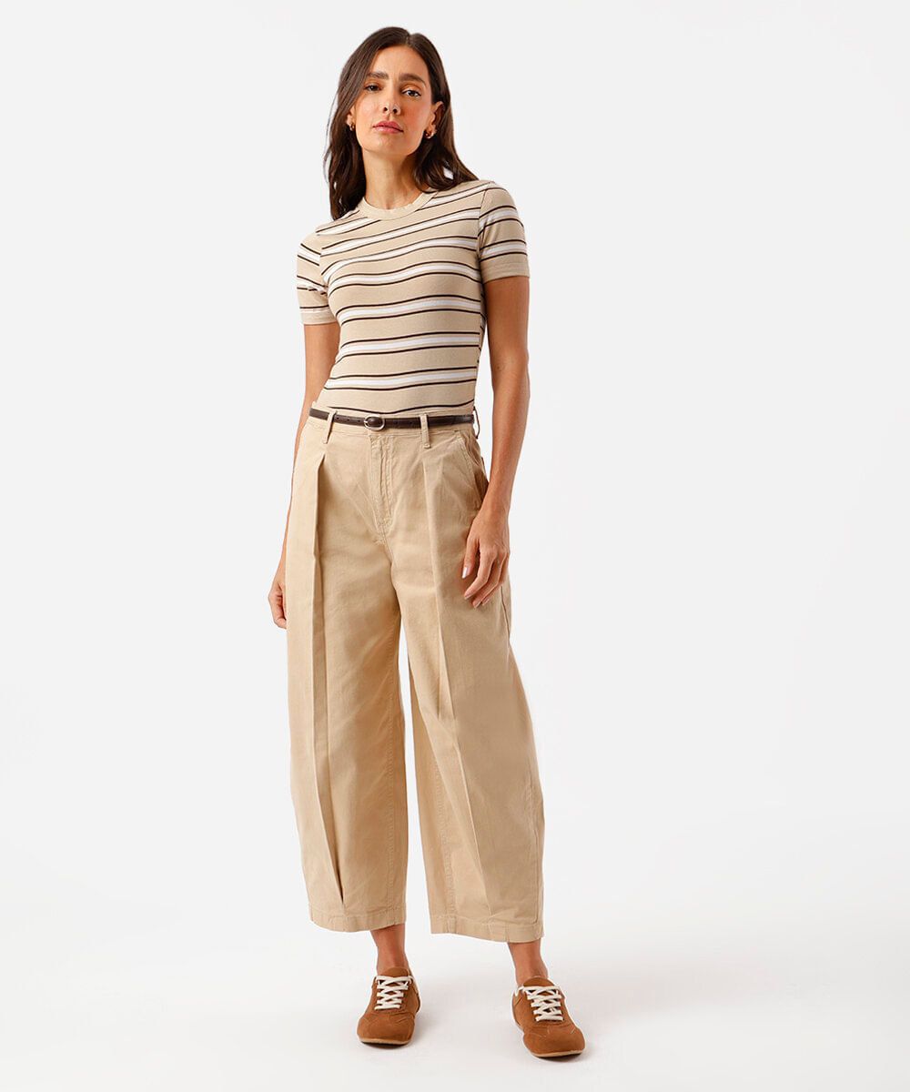 calça feminina sarja baggy pregas bege
