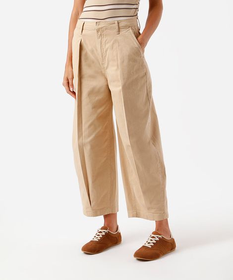 calça feminina sarja baggy pregas bege
