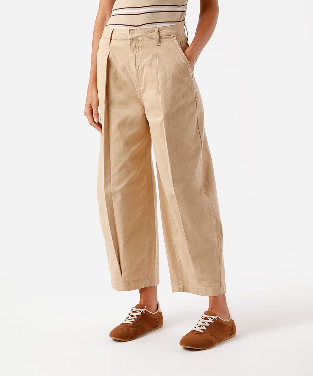 calça feminina sarja baggy pregas bege