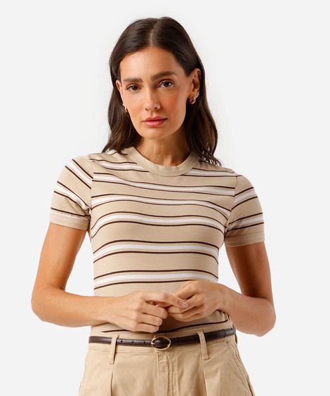 camiseta feminina básica três listras bege