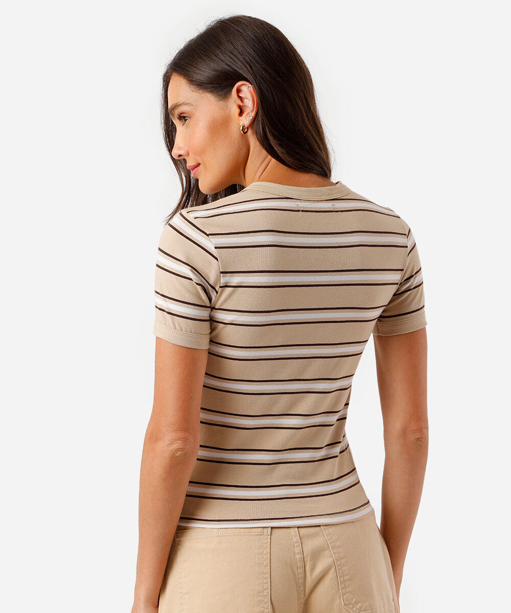 camiseta feminina básica três listras bege