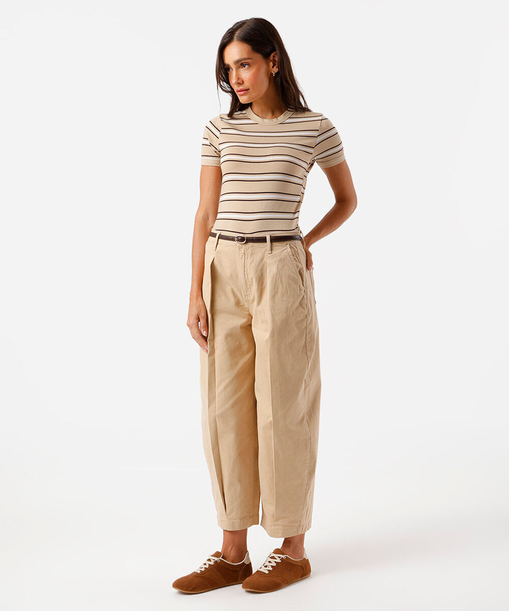 camiseta feminina básica três listras bege