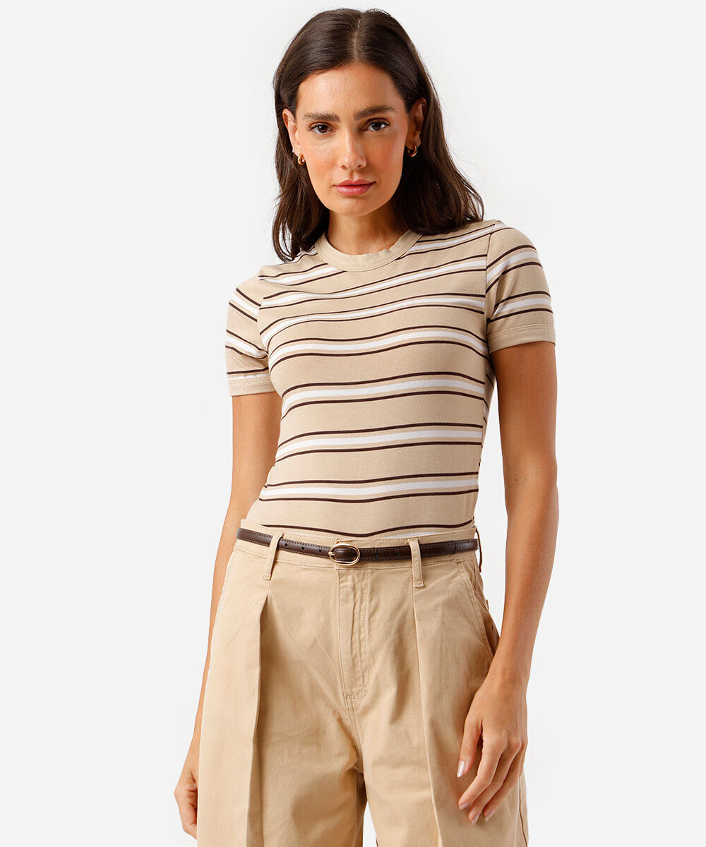 camiseta feminina básica três listras bege