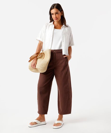 calça feminina baggy sarja cintura alta marrom