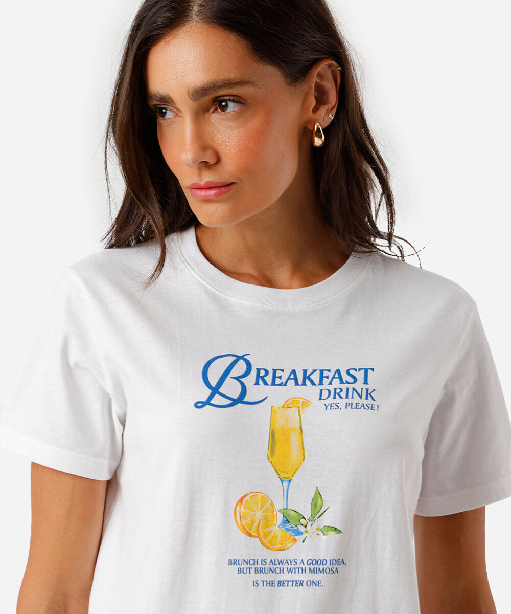 camiseta feminina de algodão breakfast drink off white