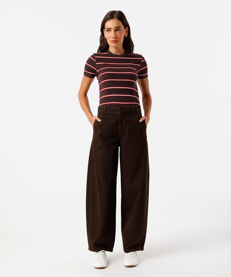 calça feminina baggy sarja cintura alta marrom