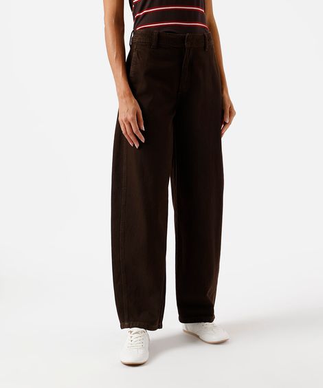 calça feminina baggy sarja cintura alta marrom
