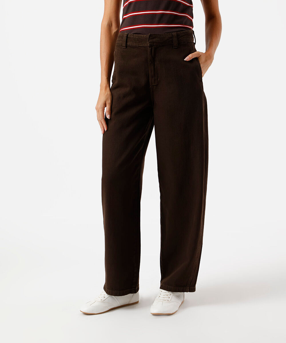 calça feminina baggy sarja cintura alta marrom