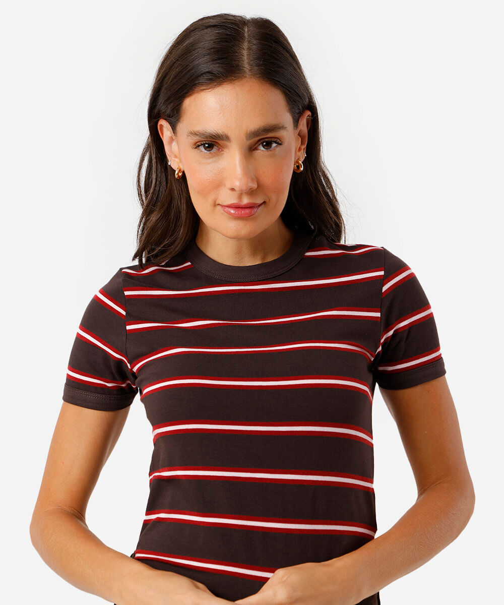 camiseta feminina básica  três listras marrom