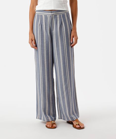 calça feminina alfaiataria wide leg listrada azul