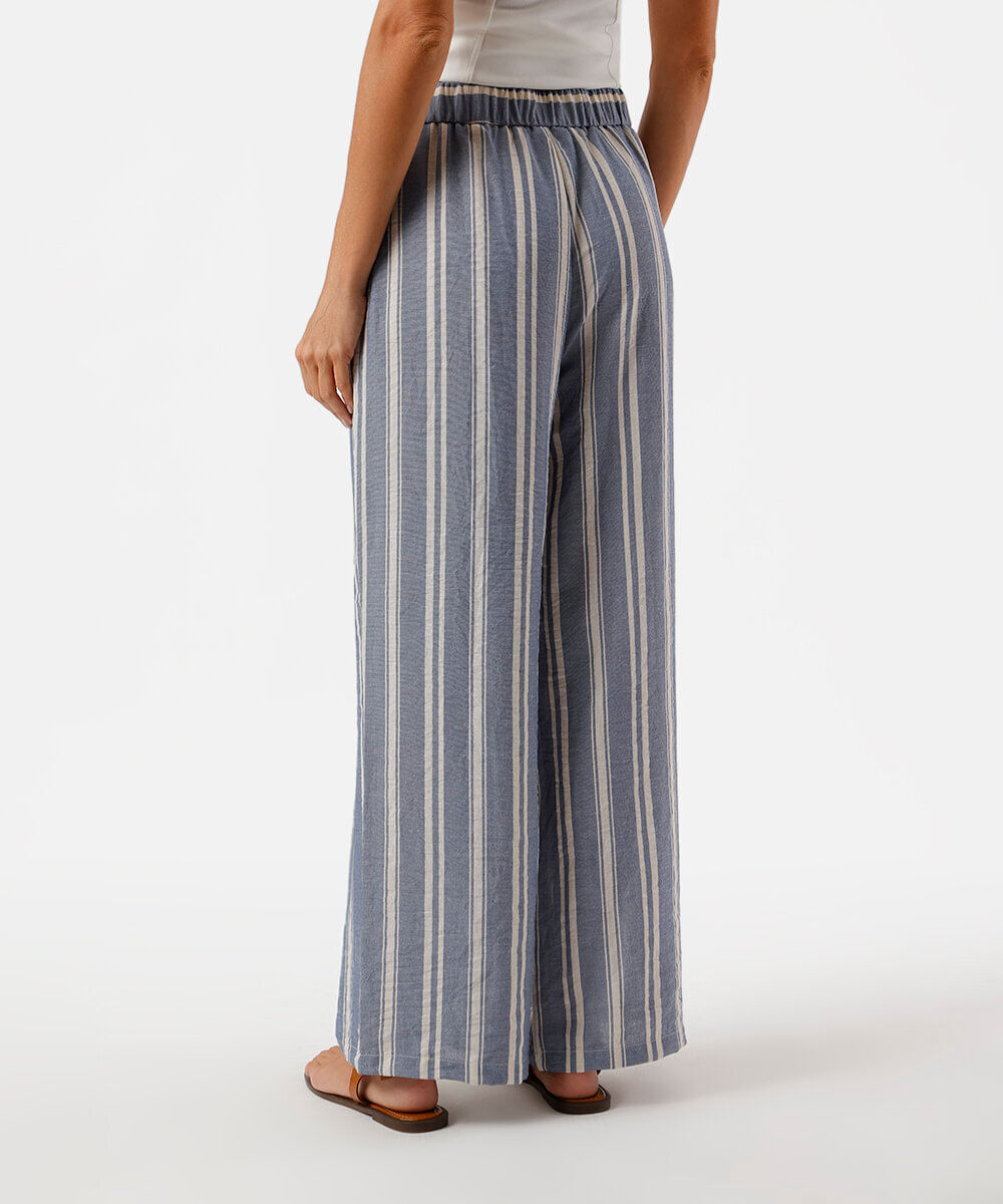 calça feminina alfaiataria wide leg listrada azul