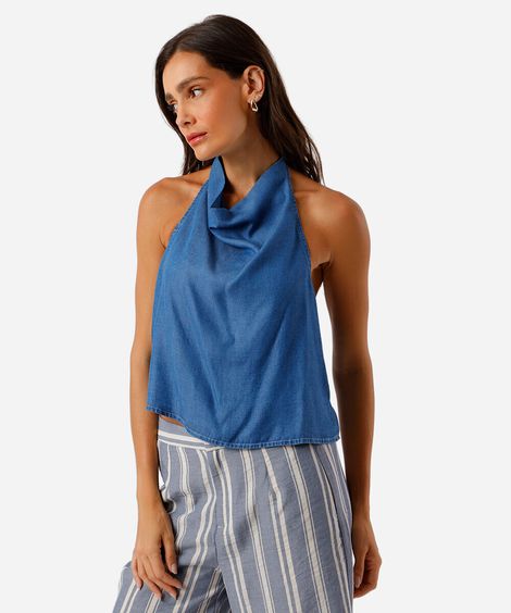 blusa feminina jeans frente única degagê azul
