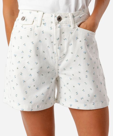 short feminino sarja cintura alta floral branco