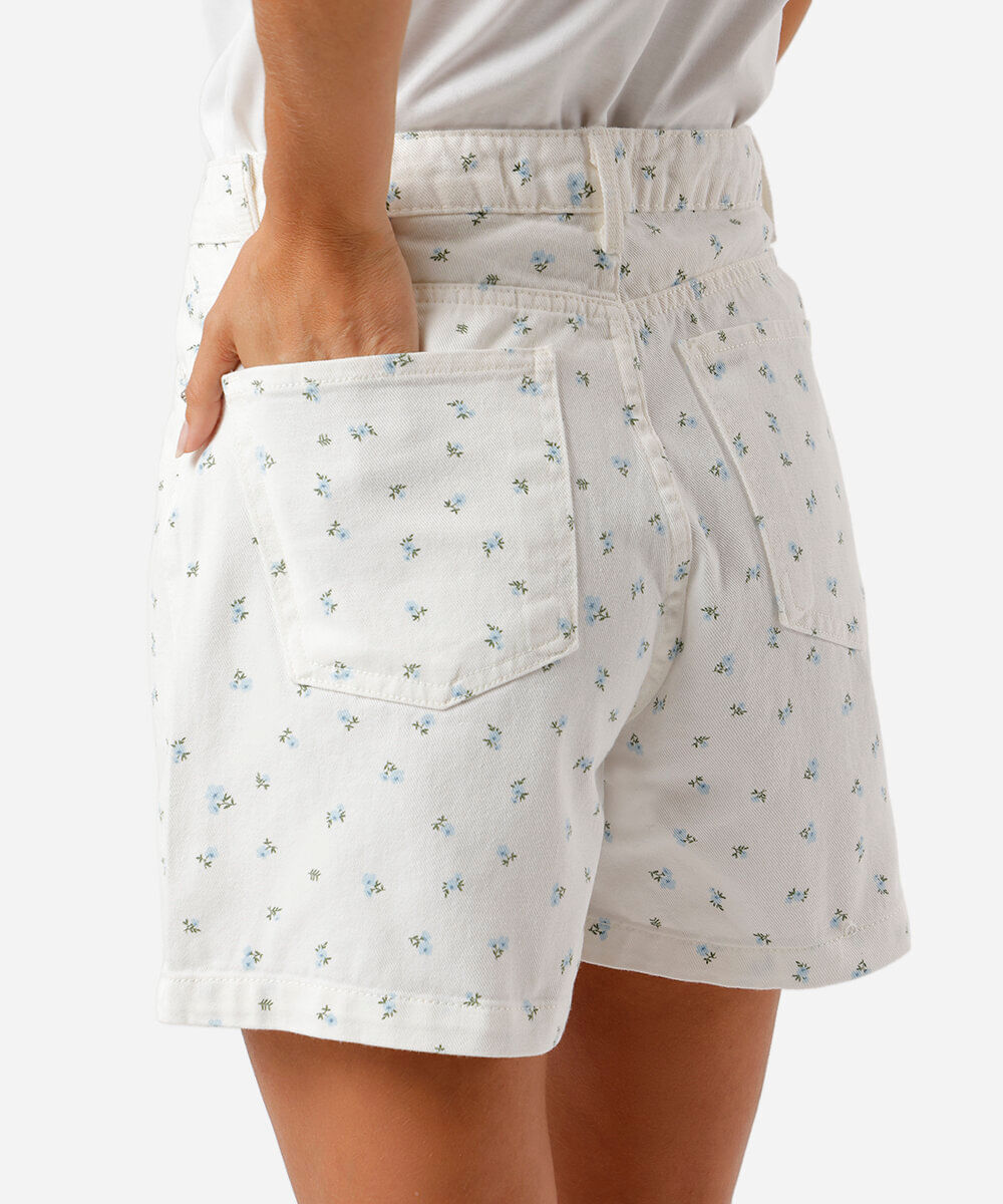 short feminino sarja cintura alta floral branco