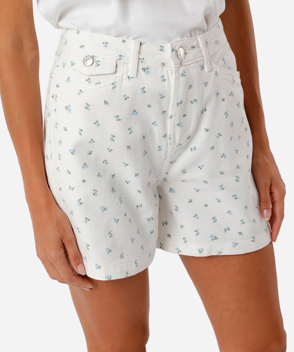 short feminino sarja cintura alta floral branco
