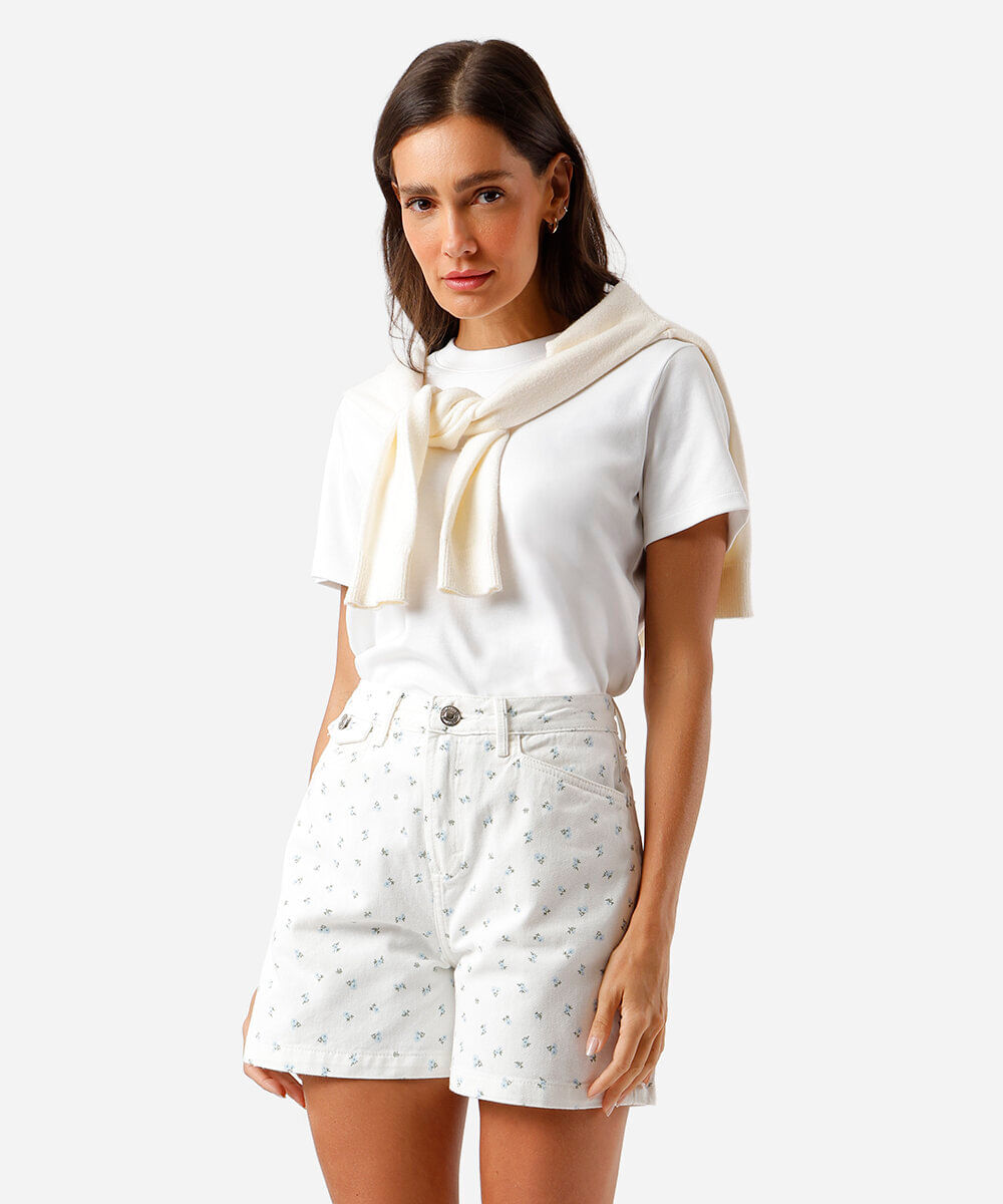 short feminino sarja cintura alta floral branco
