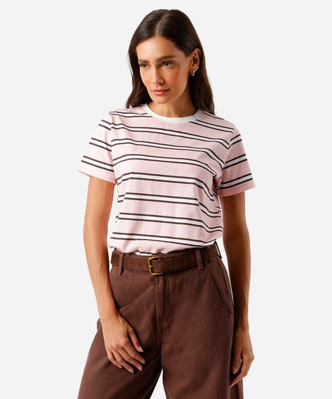 camiseta feminina básica duas listras rosa