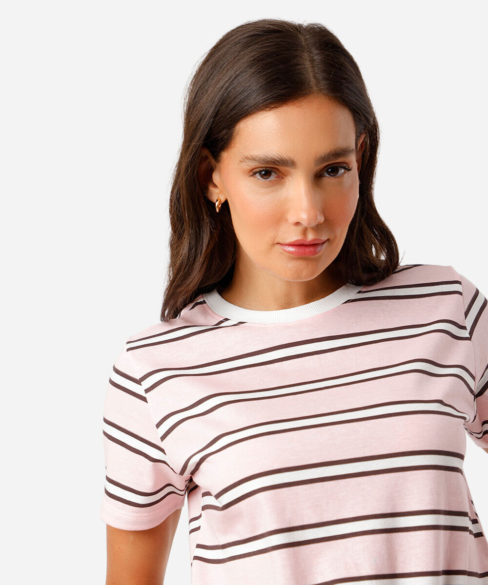camiseta feminina básica duas listras rosa