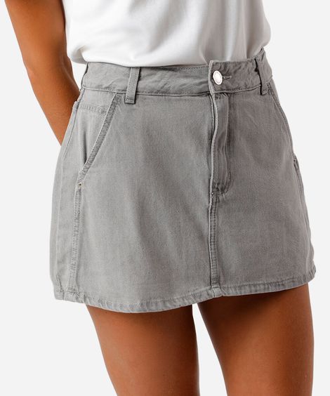 short saia feminino jeans bolso faca cinza