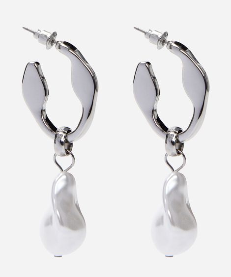 brinco argola com pérola  prateado