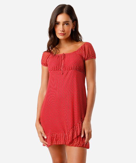 vestido feminino de tule estampado poá vermelho