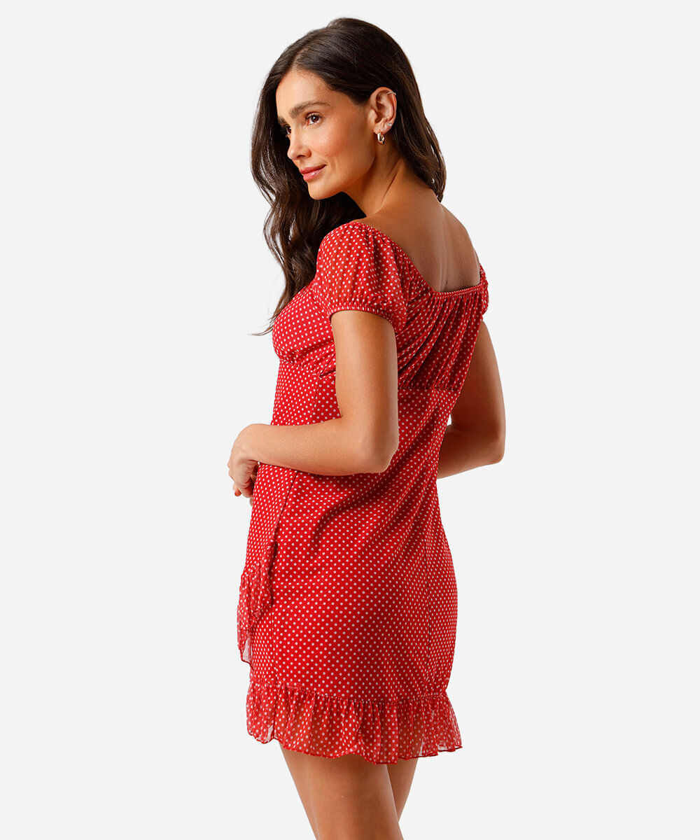 vestido feminino de tule estampado poá vermelho