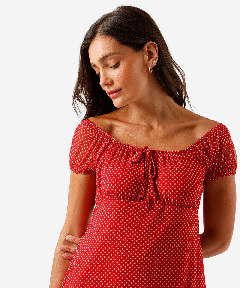 vestido feminino de tule estampado poá vermelho