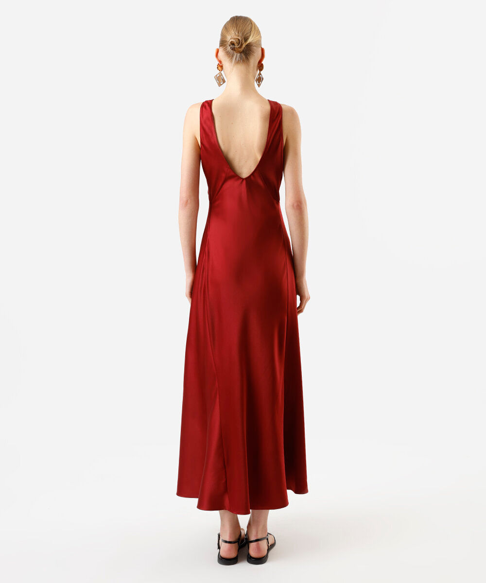 vestido feminino longo liso com franzido vinho