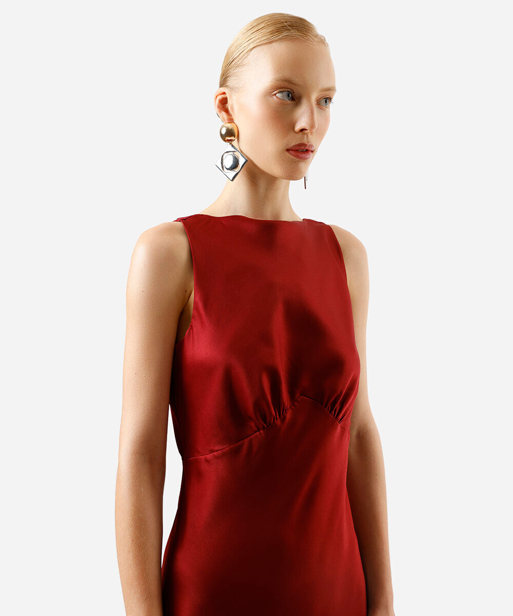 vestido feminino longo liso com franzido vinho