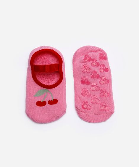 meia infantil cerejinha com antiderrapante rosa