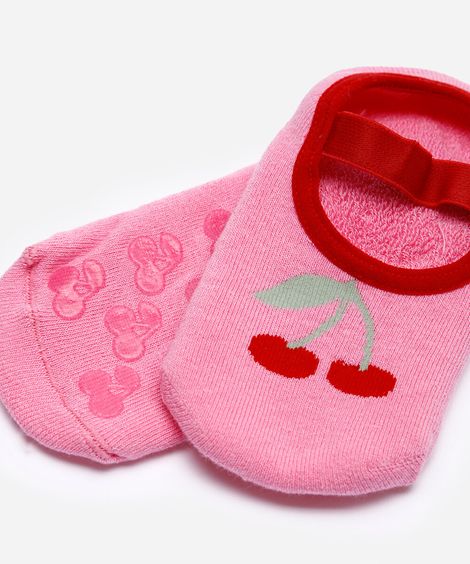 meia infantil cerejinha com antiderrapante rosa