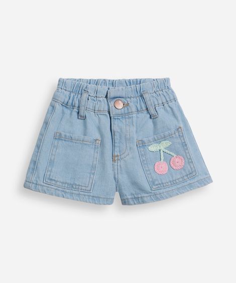 short jeans infantil com bordado cereja azul