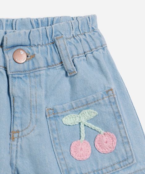 short jeans infantil com bordado cereja azul