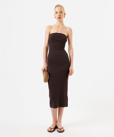 vestido midi sem alça canelado feminino de algodão marrom