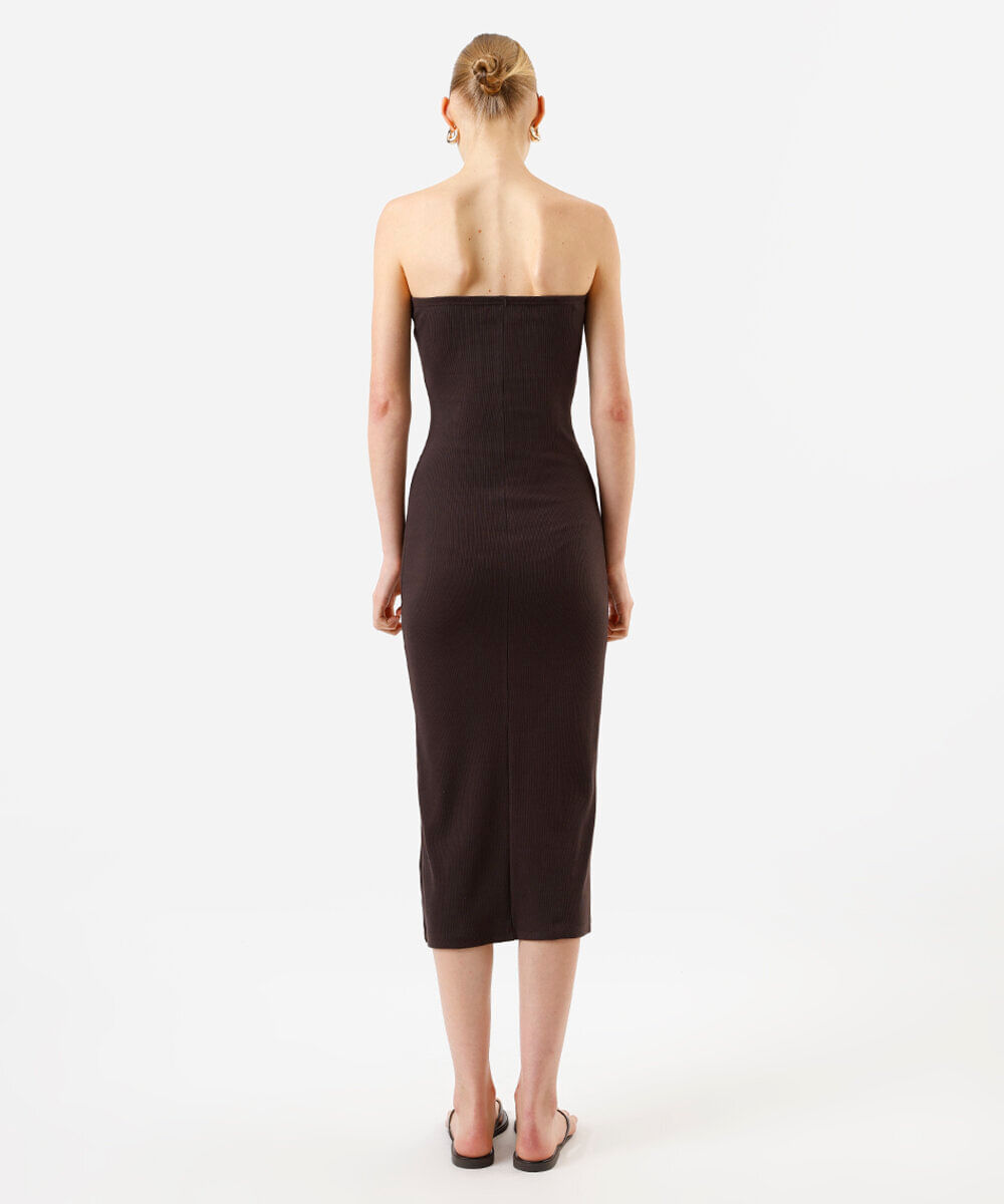 vestido midi sem alça canelado feminino de algodão marrom