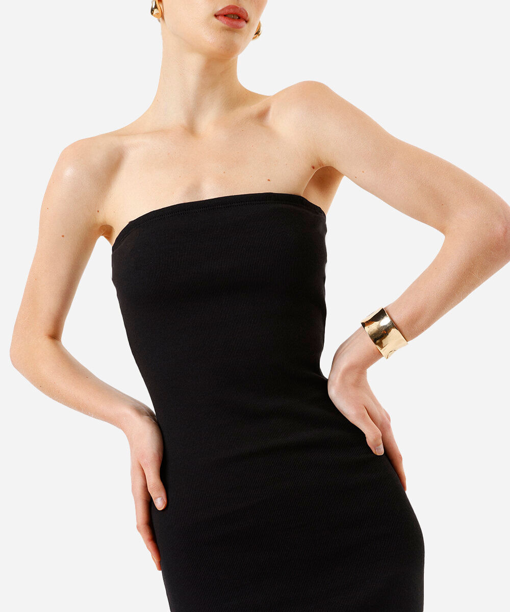 vestido midi sem alça canelado feminino de algodão preto