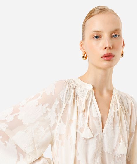 bata feminina manga longa bufante floral off white