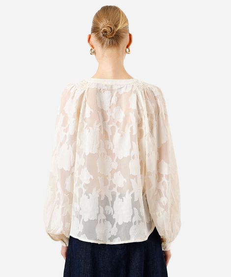 bata feminina manga longa bufante floral off white