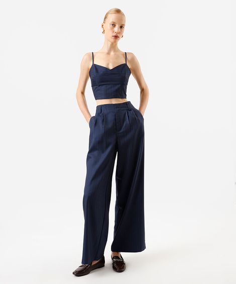 calça wide leg feminina de alfaitaria risca de giz azul