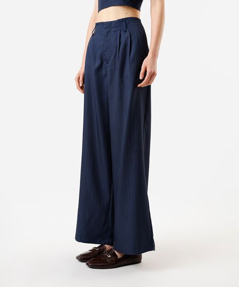 calça wide leg feminina de alfaitaria risca de giz azul