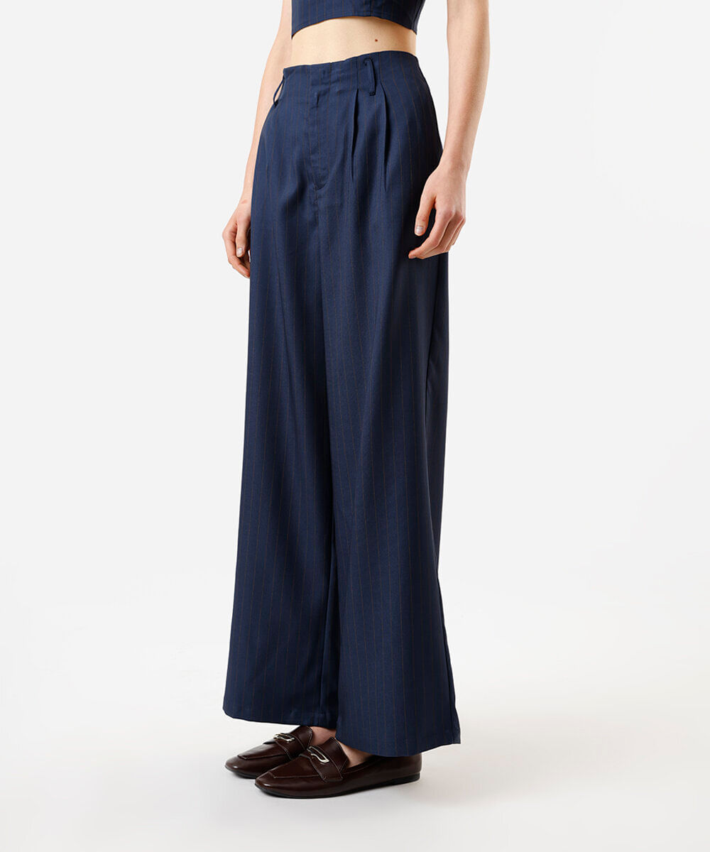 calça wide leg feminina de alfaitaria risca de giz azul