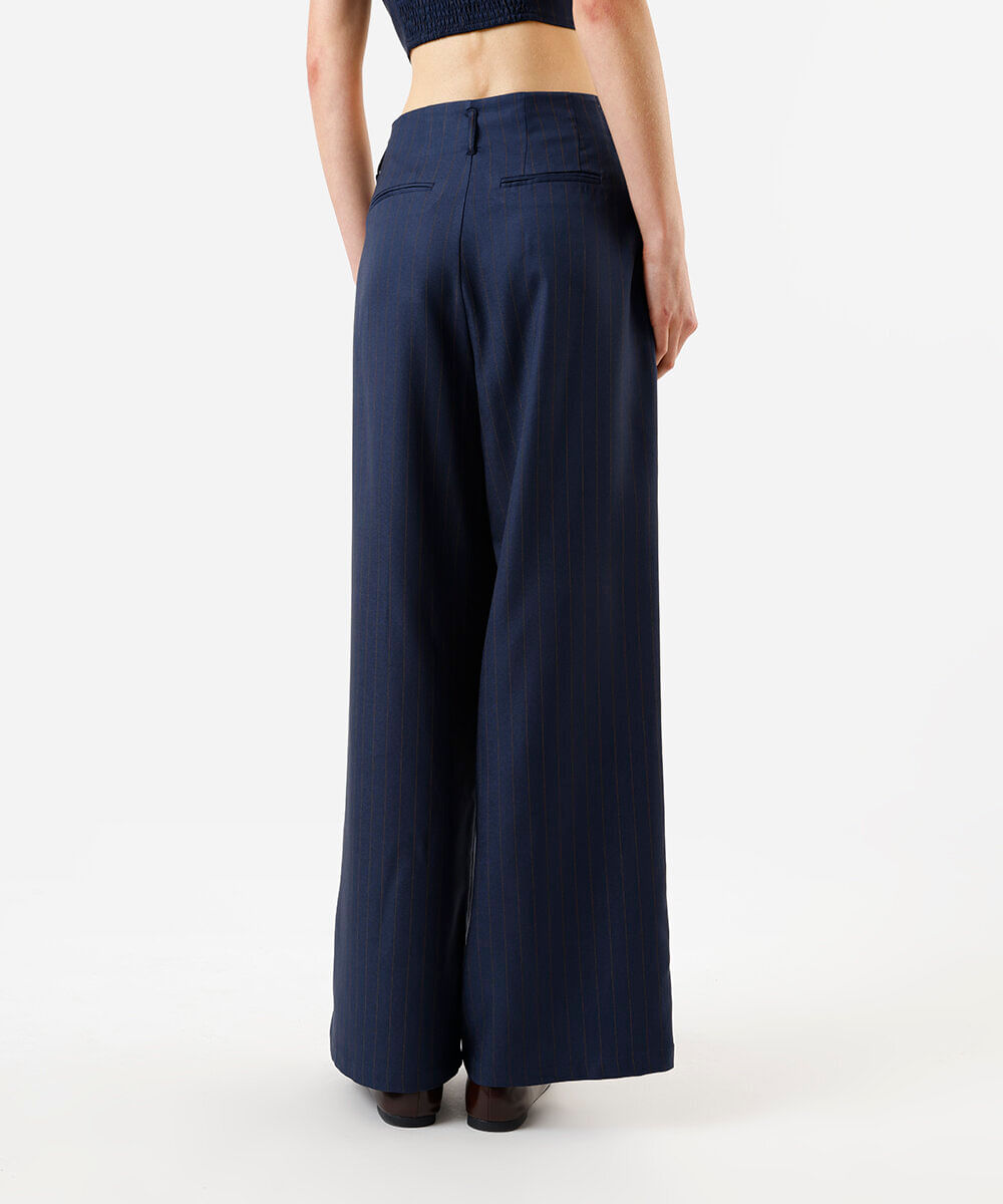 calça wide leg feminina de alfaitaria risca de giz azul