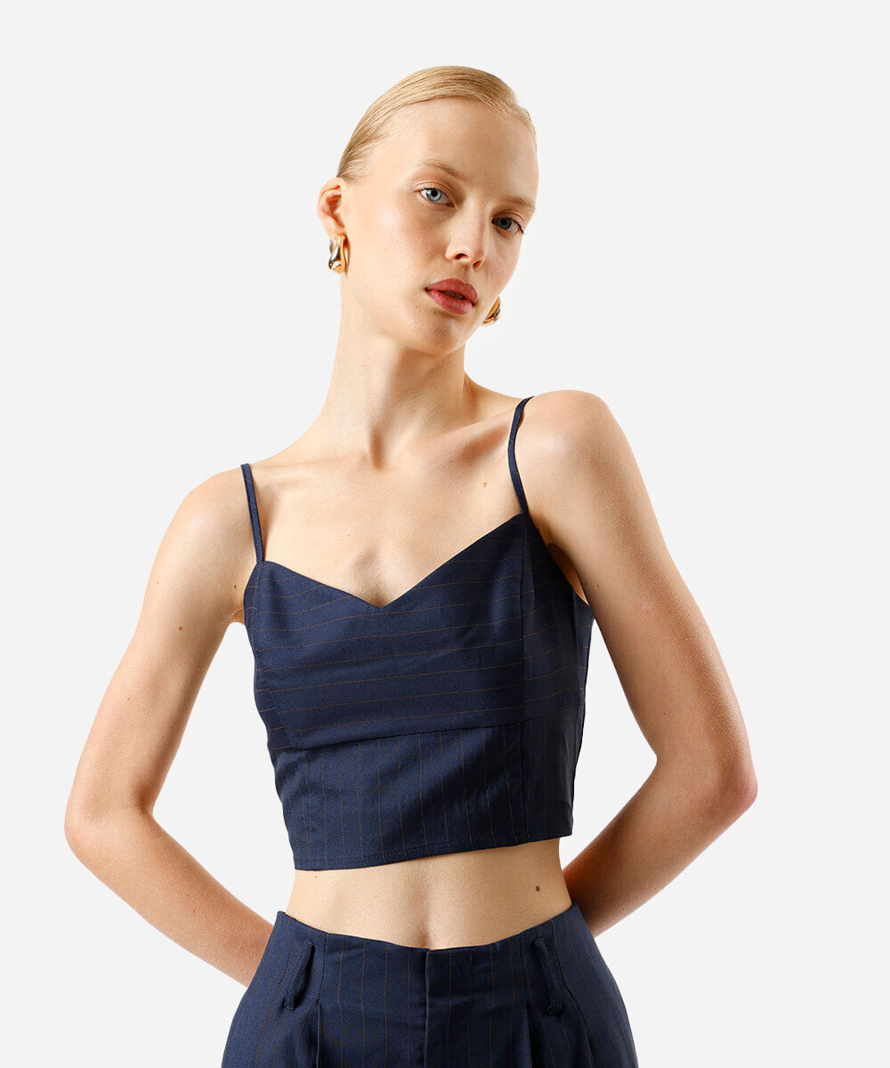 cropped feminino de alfaitaria alça fina risca de giz azul