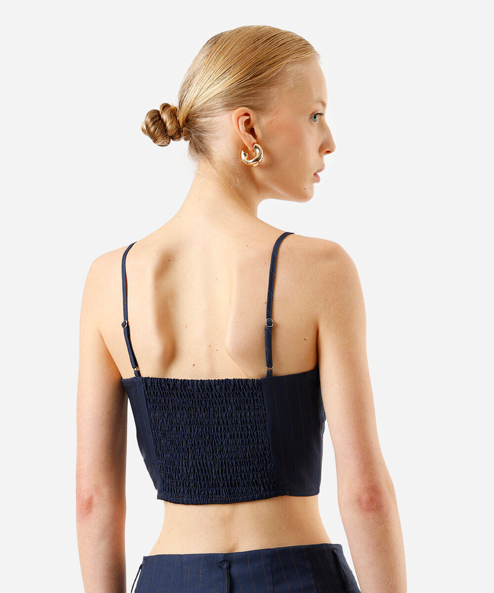 cropped feminino de alfaitaria alça fina risca de giz azul