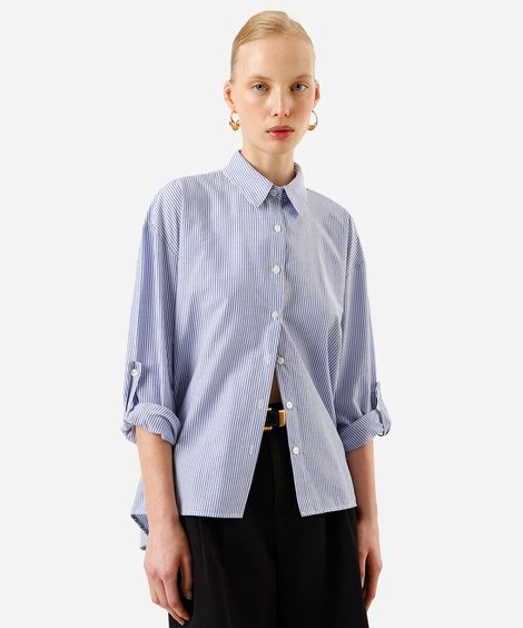 camisa feminina com martingale listrada off white