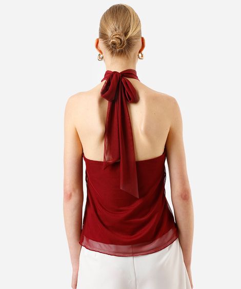 blusa halterneck feminina de tule com scarf vinho